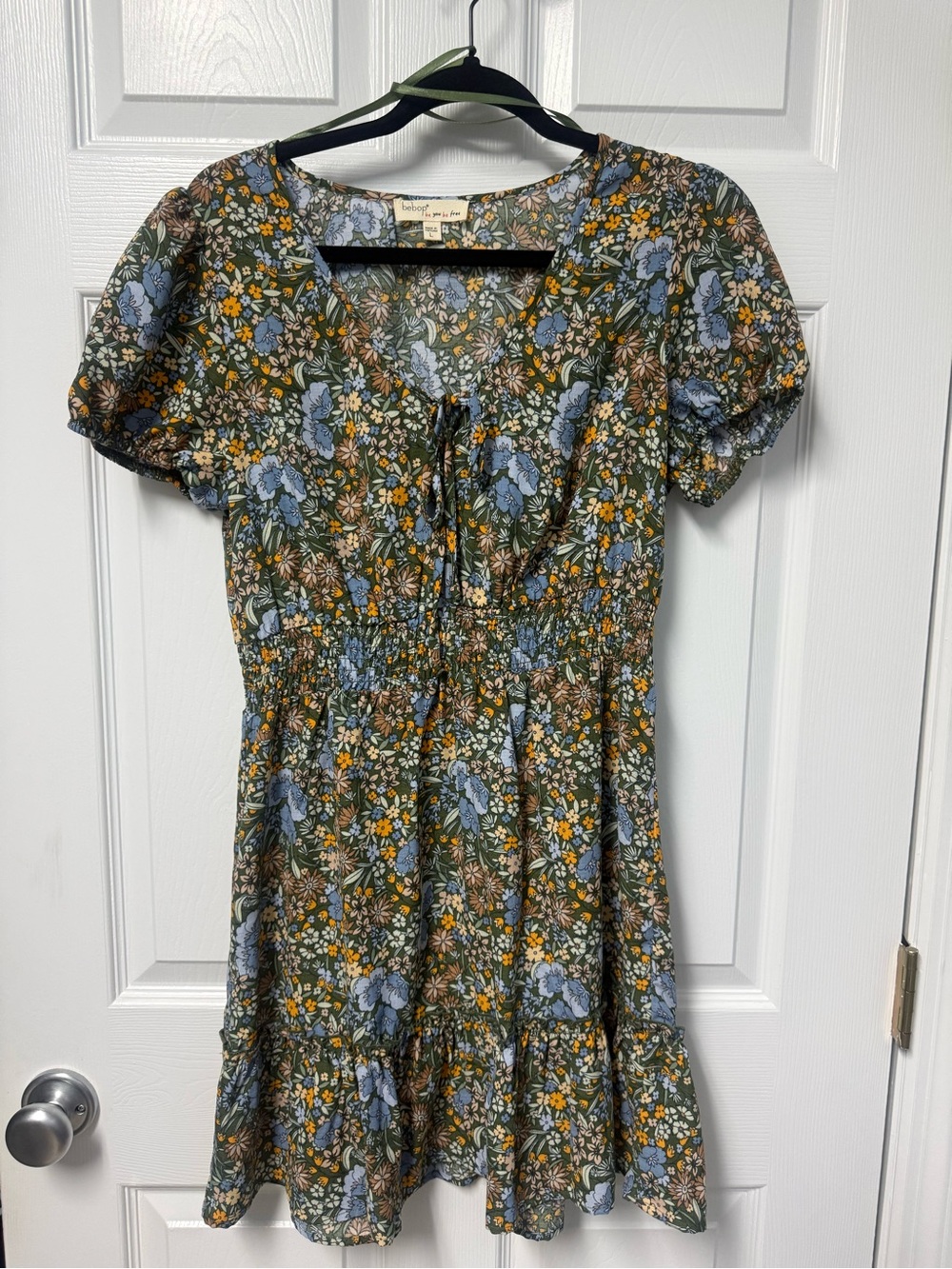 BeBop Olive Floral Short Sleeve Dress with Blue & Yellow Blooms